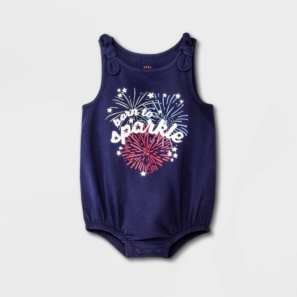 Cat & Jack Baby Navy Born to Sparkle Firework Romper Bodysuit 3M-6M 4th of July - Picture 1 of 4